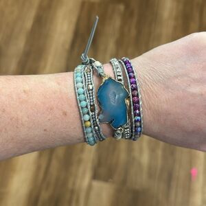 Bohemian Tribal Beaded Wrap Bracelet Blue Agate slice NEW